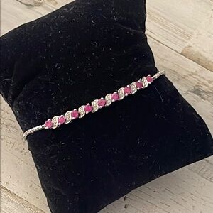 Beautiful Genuine Ruby And White Topaz Sterling Silver Adjustable Bracelet.